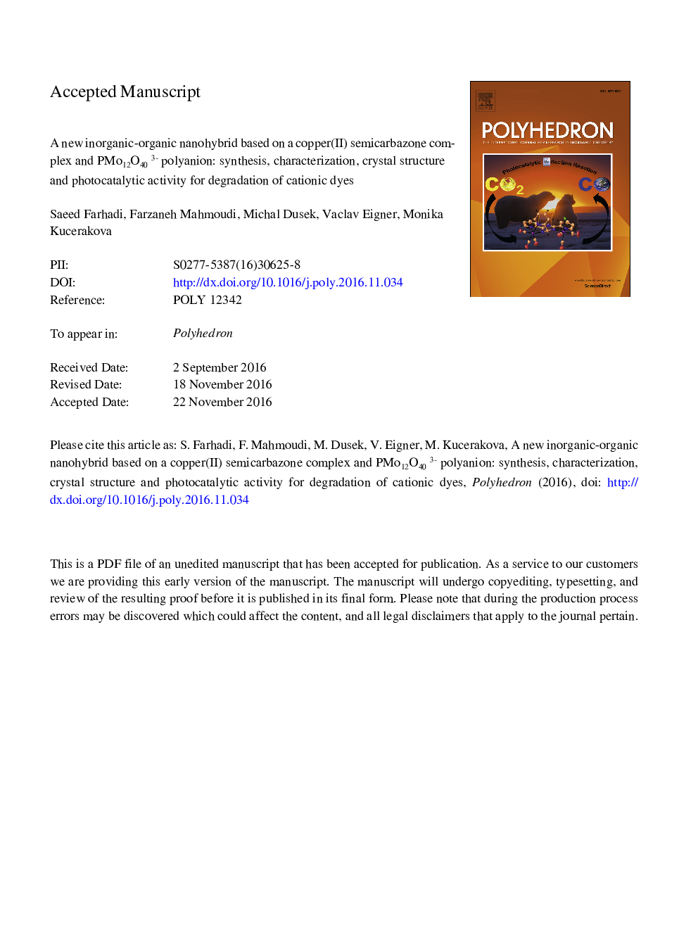 A new inorganic-organic nanohybrid based on a copper(II) semicarbazone complex and the PMo12O403â polyanion: Synthesis, characterization, crystal structure and photocatalytic activity for degradation of cationic dyes