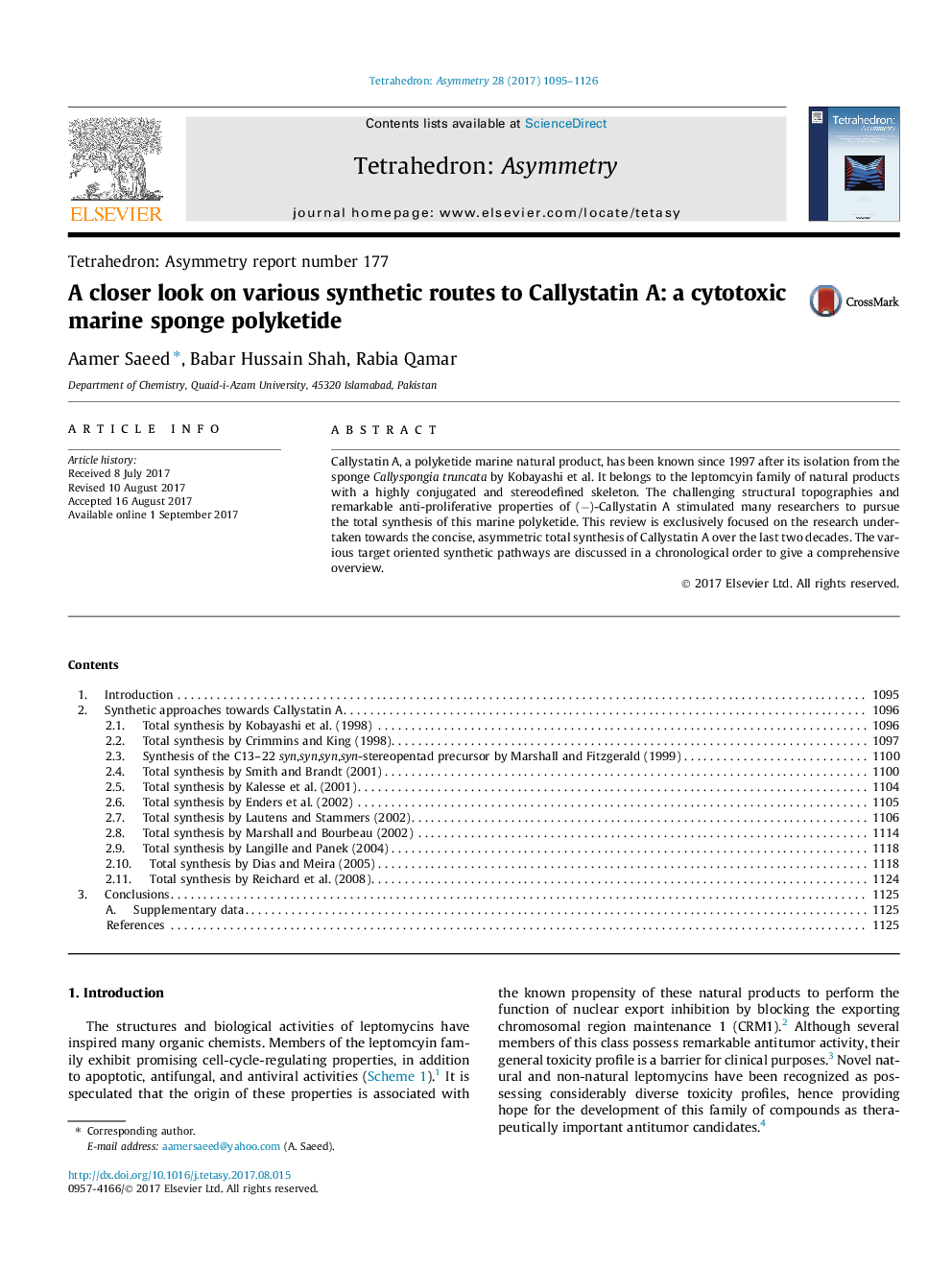 A closer look on various synthetic routes to Callystatin A: a cytotoxic marine sponge polyketide