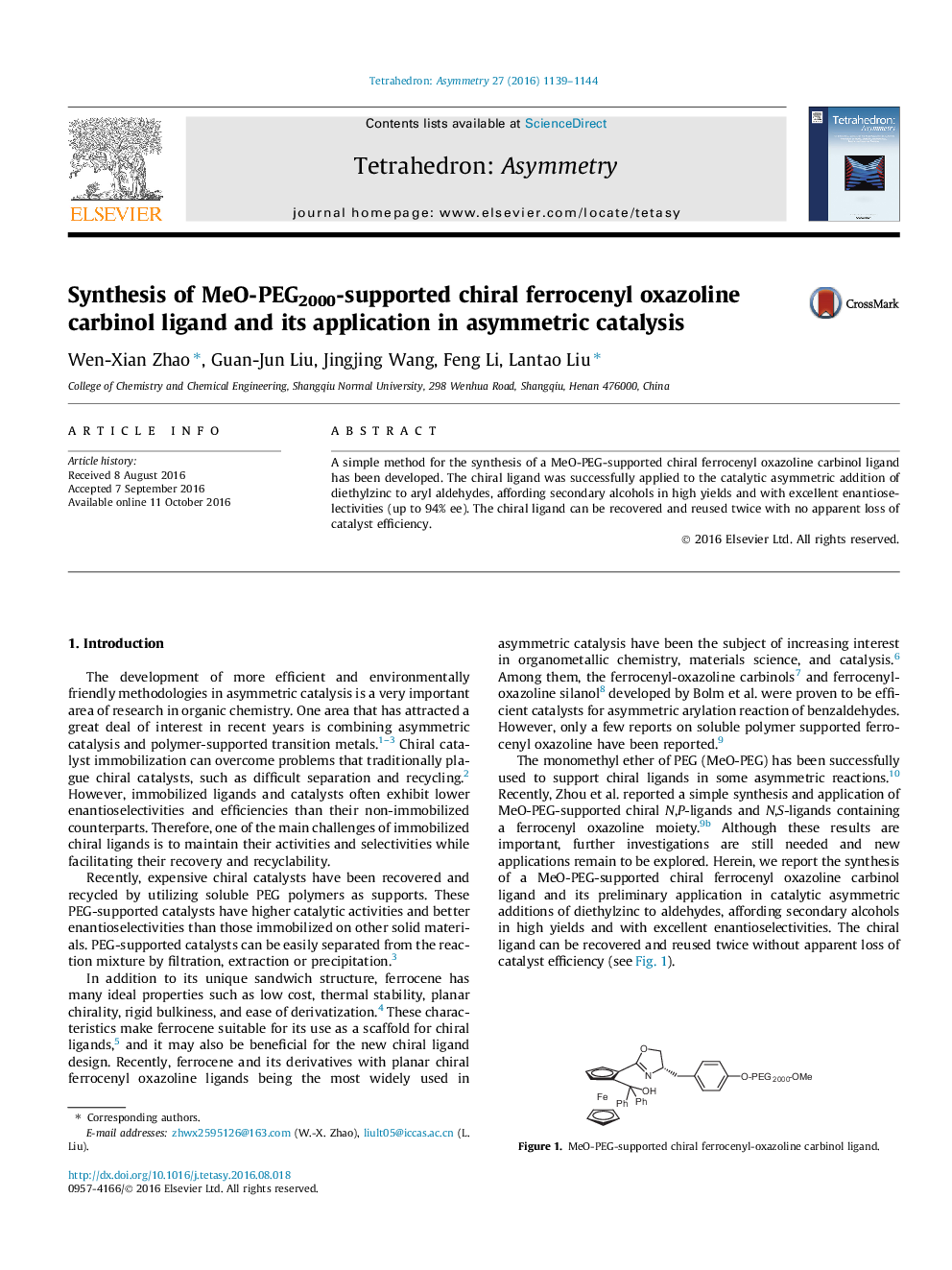 Synthesis of MeO-PEG2000-supported chiral ferrocenyl oxazoline carbinol ligand and its application in asymmetric catalysis