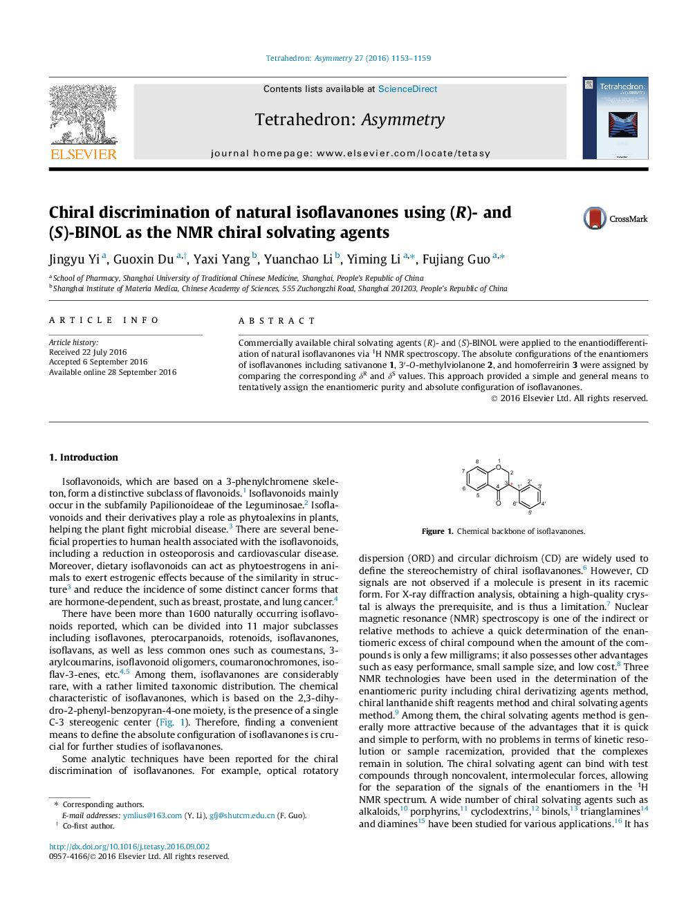 عکس صفحه اول مقاله: Chiral discrimination of natural isoflavanones using (R)- and (S)-BINOL as the NMR chiral solvating agents Chiral discrimination of natural isoflavanones using (R)- and (S)-BINOL as the NMR chiral solvating agents