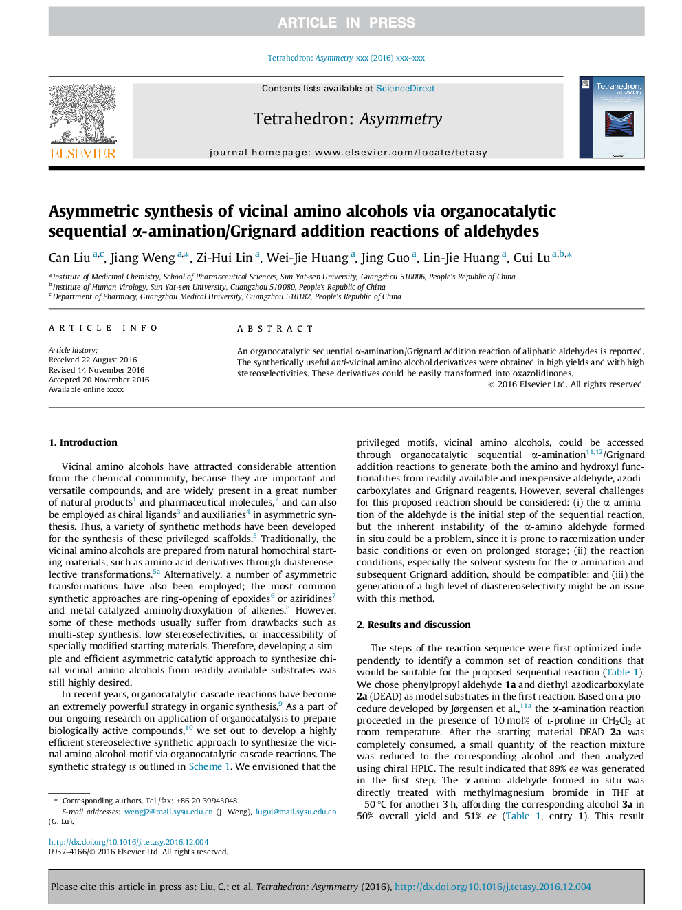 عکس صفحه اول مقاله: Asymmetric synthesis of vicinal amino alcohols via organocatalytic sequential α-amination/Grignard addition reactions of aldehydes Asymmetric synthesis of vicinal amino alcohols via organocatalytic sequential α-amination/Grignard addition reactions of aldehydes