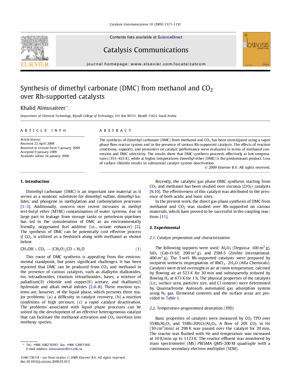 Synthesis of dimethyl carbonate (DMC) from methanol and CO2 over Rh-supported catalysts