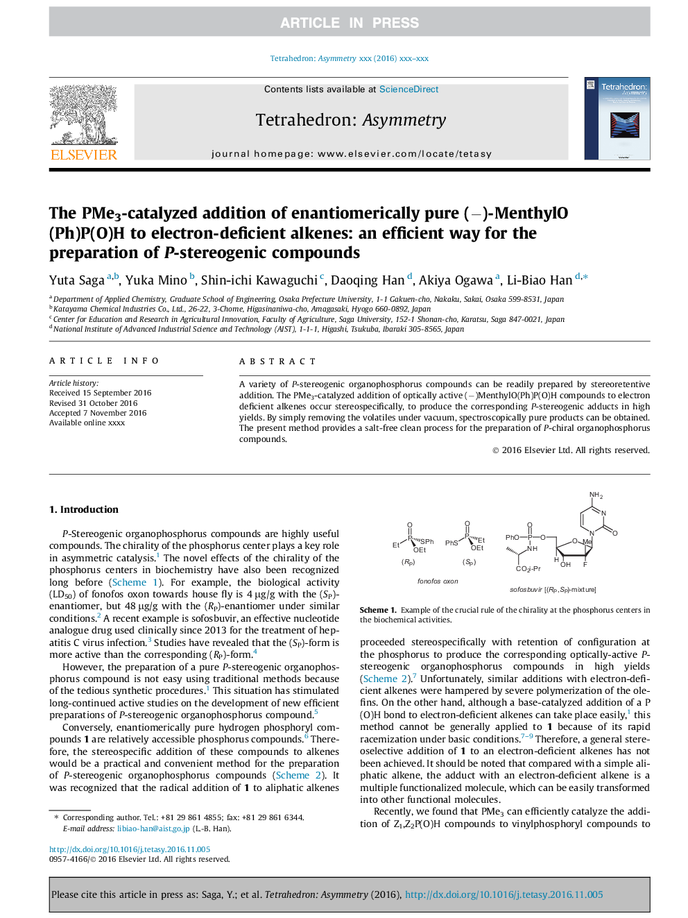 The PMe3-catalyzed addition of enantiomerically pure (â)-MenthylO(Ph)P(O)H to electron-deficient alkenes: an efficient way for the preparation of P-stereogenic compounds