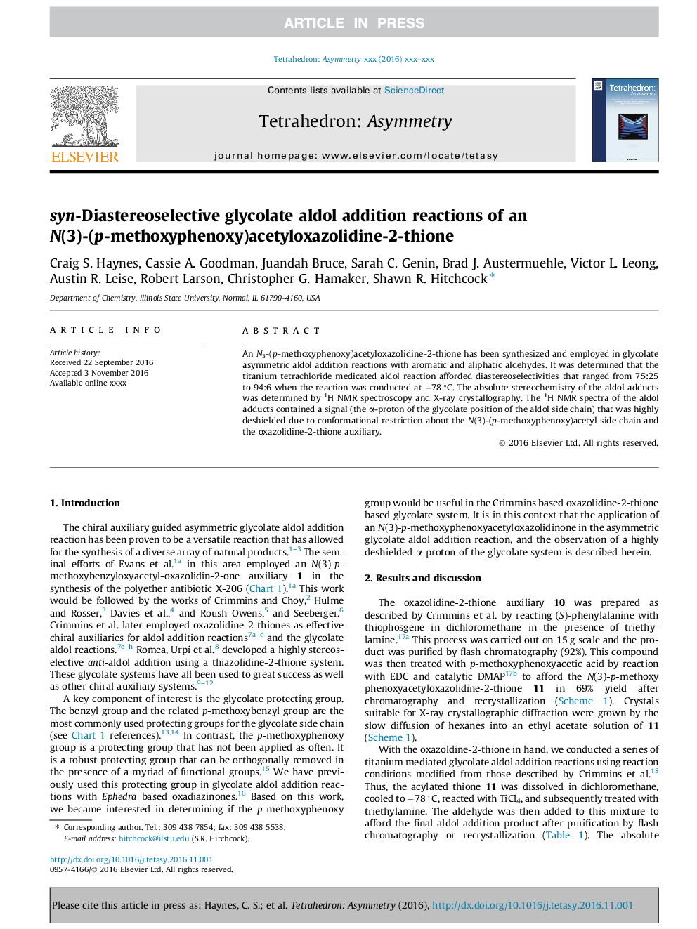 عکس صفحه اول مقاله: syn-Diastereoselective glycolate aldol addition reactions of an N(3)-(p-methoxyphenoxy)acetyloxazolidine-2-thione syn-Diastereoselective glycolate aldol addition reactions of an N(3)-(p-methoxyphenoxy)acetyloxazolidine-2-thione