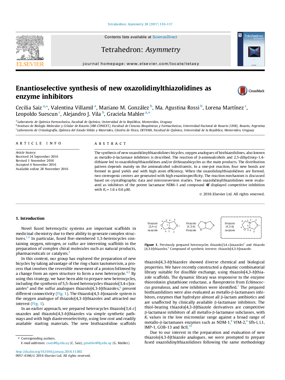 عکس صفحه اول مقاله: Enantioselective synthesis of new oxazolidinylthiazolidines as enzyme inhibitors Enantioselective synthesis of new oxazolidinylthiazolidines as enzyme inhibitors