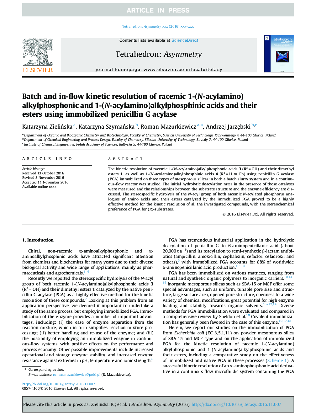 عکس صفحه اول مقاله: Batch and in-flow kinetic resolution of racemic 1-(N-acylamino)alkylphosphonic and 1-(N-acylamino)alkylphosphinic acids and their esters using immobilized penicillin G acylase Batch and in-flow kinetic resolution of racemic 1-(N-acylamino)alkylphosphonic and 1-(N-acylamino)alkylphosphinic acids and their esters using immobilized penicillin G acylase