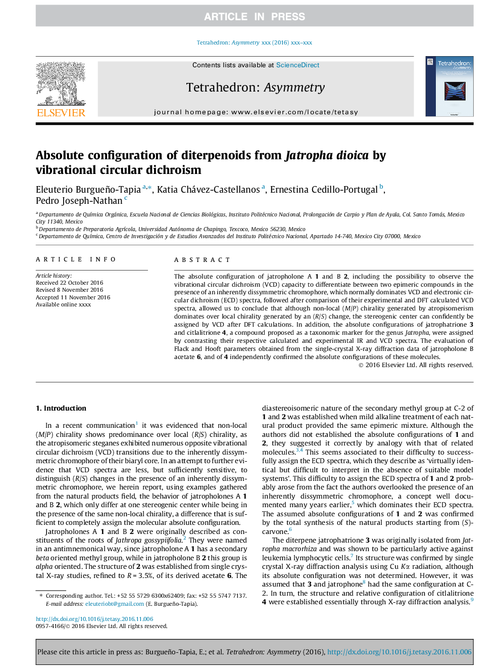 عکس صفحه اول مقاله: Absolute configuration of diterpenoids from Jatropha dioica by vibrational circular dichroism Absolute configuration of diterpenoids from Jatropha dioica by vibrational circular dichroism