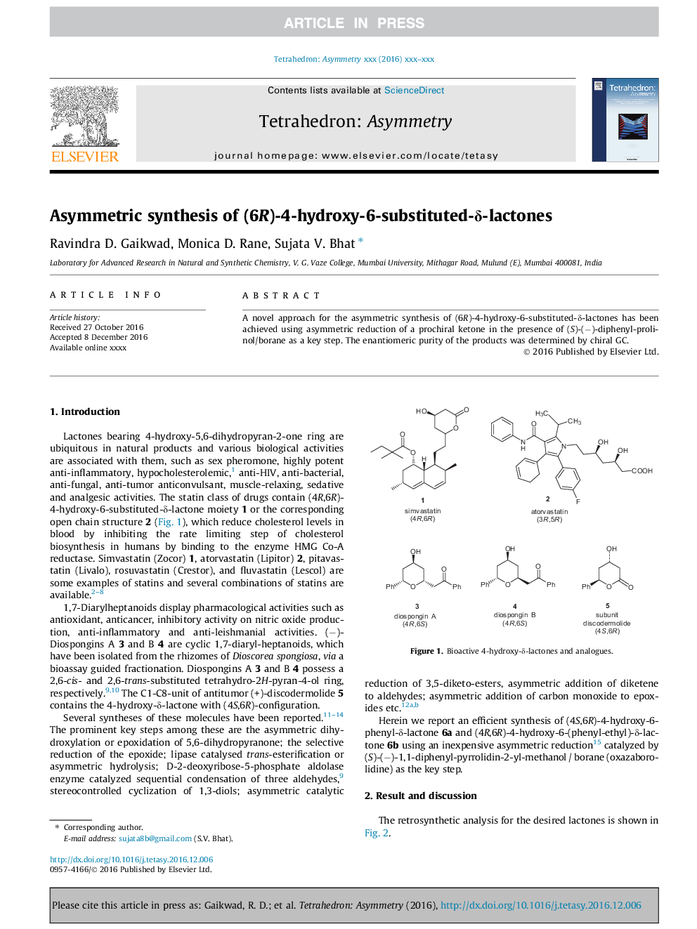 عکس صفحه اول مقاله: Asymmetric synthesis of (6R)-4-hydroxy-6-substituted-δ-lactones Asymmetric synthesis of (6R)-4-hydroxy-6-substituted-δ-lactones