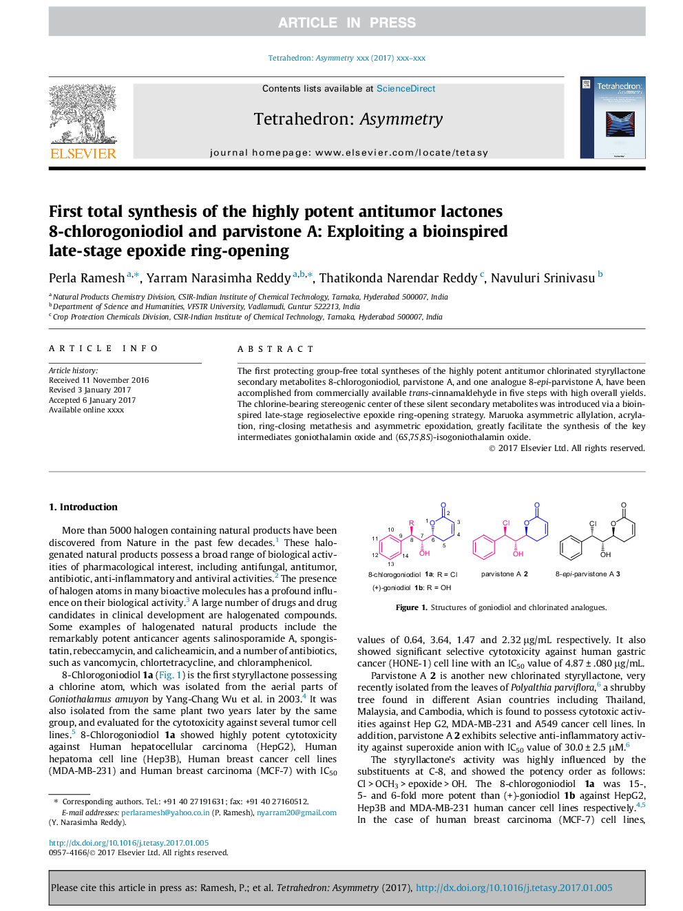 First total synthesis of the highly potent antitumor lactones 8-chlorogoniodiol and parvistone A: Exploiting a bioinspired late-stage epoxide ring-opening