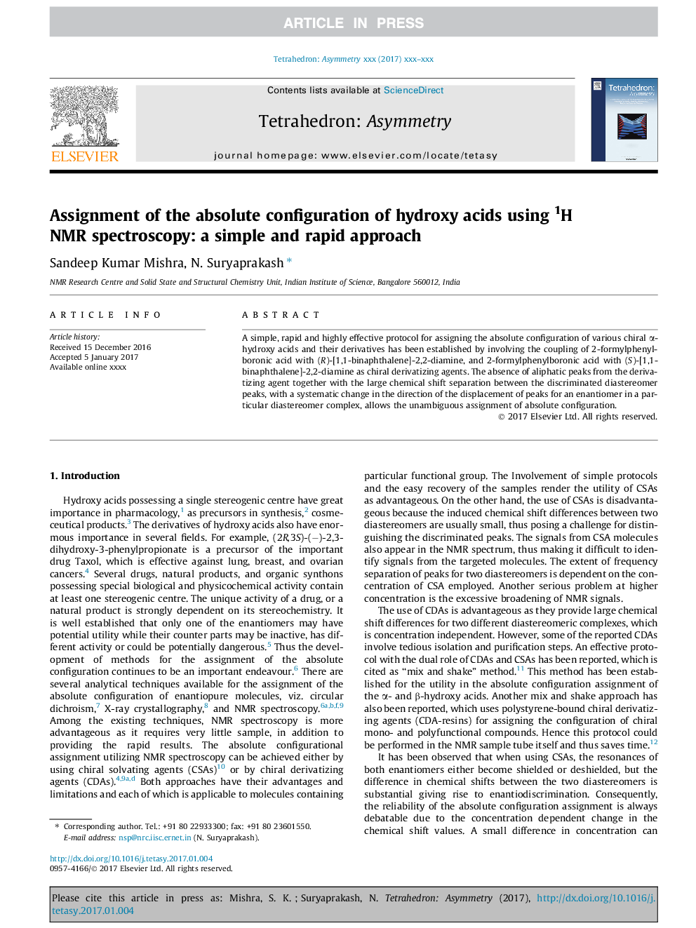 Assignment of the absolute configuration of hydroxy acids using 1H NMR spectroscopy: a simple and rapid approach