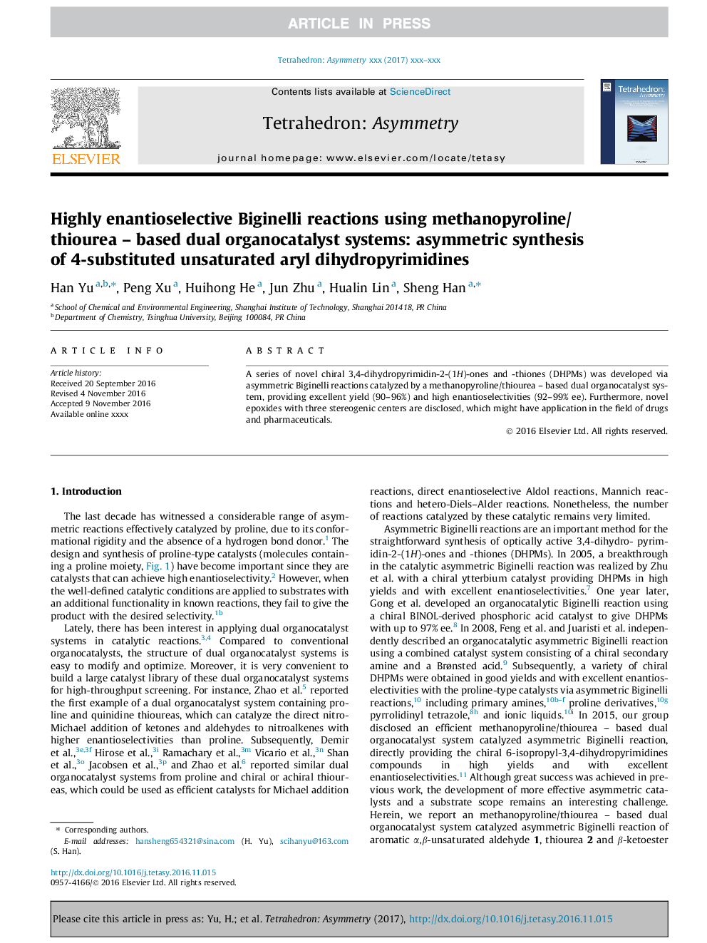 Highly enantioselective Biginelli reactions using methanopyroline/thiourea - based dual organocatalyst systems: asymmetric synthesis of 4-substituted unsaturated aryl dihydropyrimidines