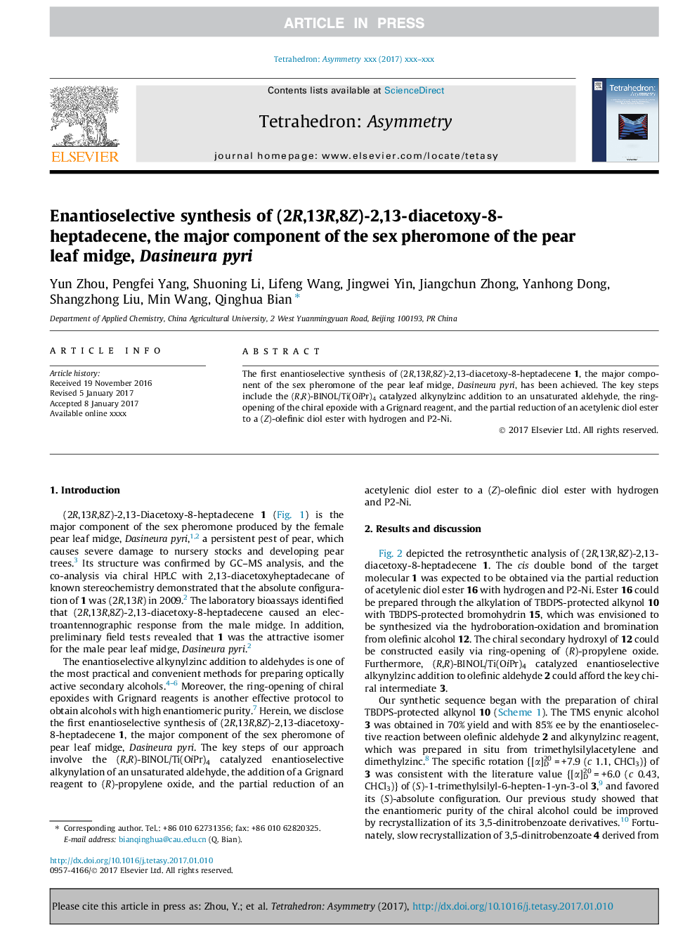 Enantioselective synthesis of (2R,13R,8Z)-2,13-diacetoxy-8-heptadecene, the major component of the sex pheromone of the pear leaf midge, Dasineura pyri