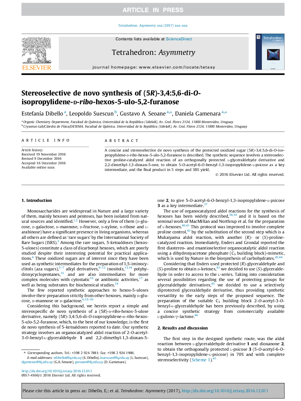 Stereoselective de novo synthesis of (5R)-3,4:5,6-di-O-isopropylidene-d-ribo-hexos-5-ulo-5,2-furanose