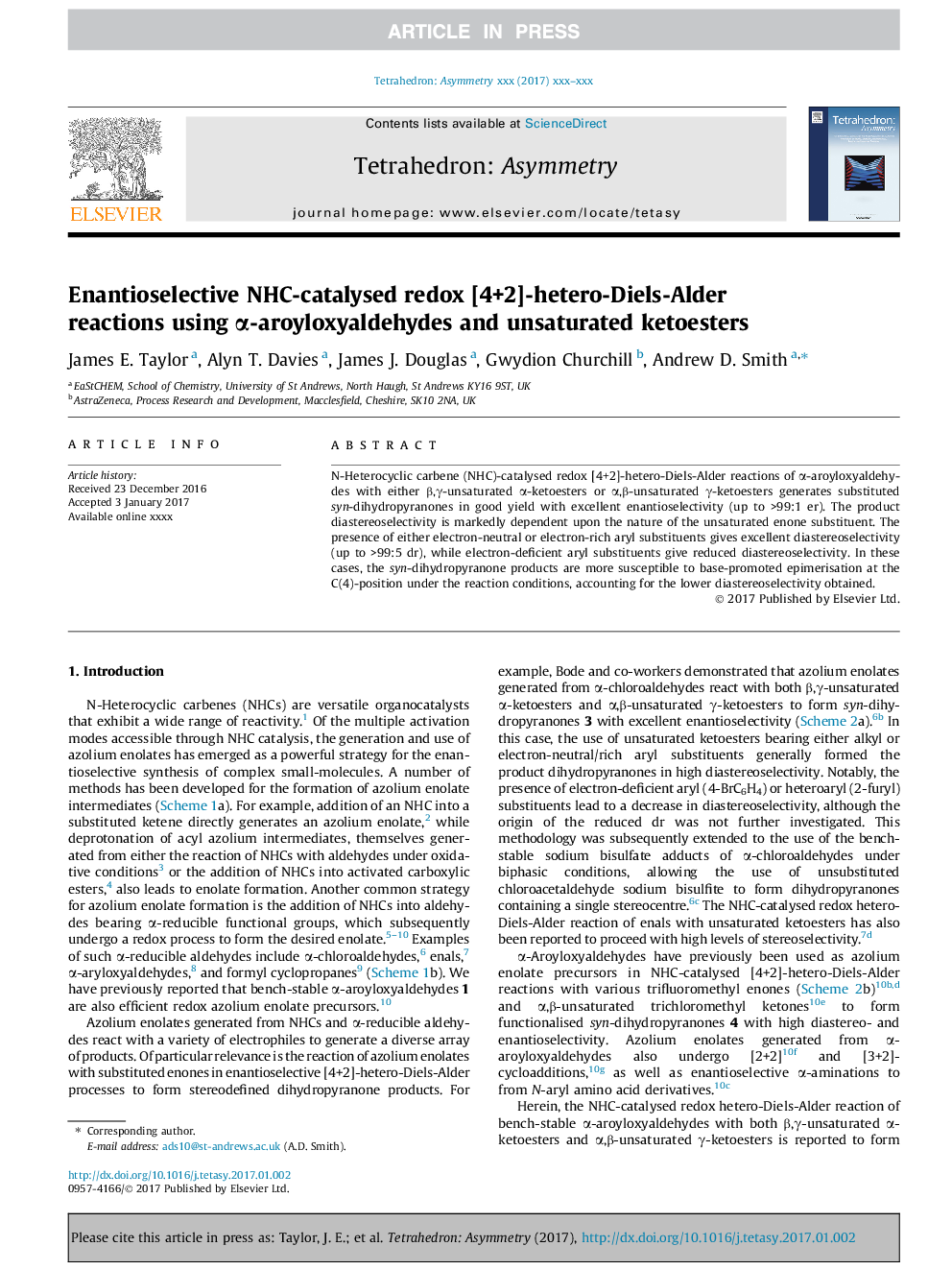 Enantioselective NHC-catalysed redox [4+2]-hetero-Diels-Alder reactions using Î±-aroyloxyaldehydes and unsaturated ketoesters