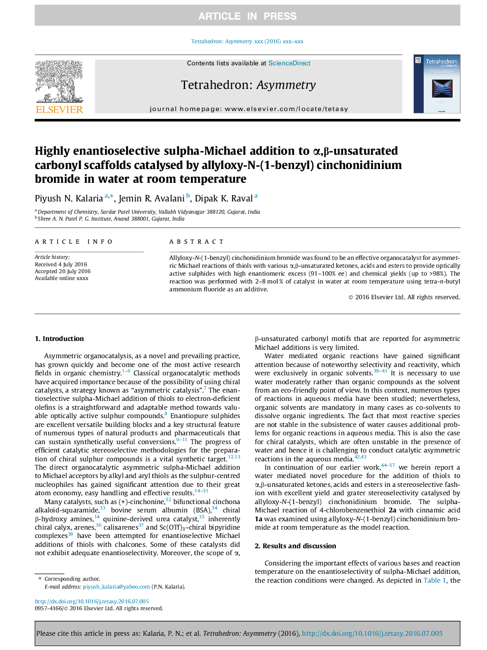 Highly enantioselective sulpha-Michael addition to Î±,Î²-unsaturated carbonyl scaffolds catalysed by allyloxy-N-(1-benzyl) cinchonidinium bromide in water at room temperature