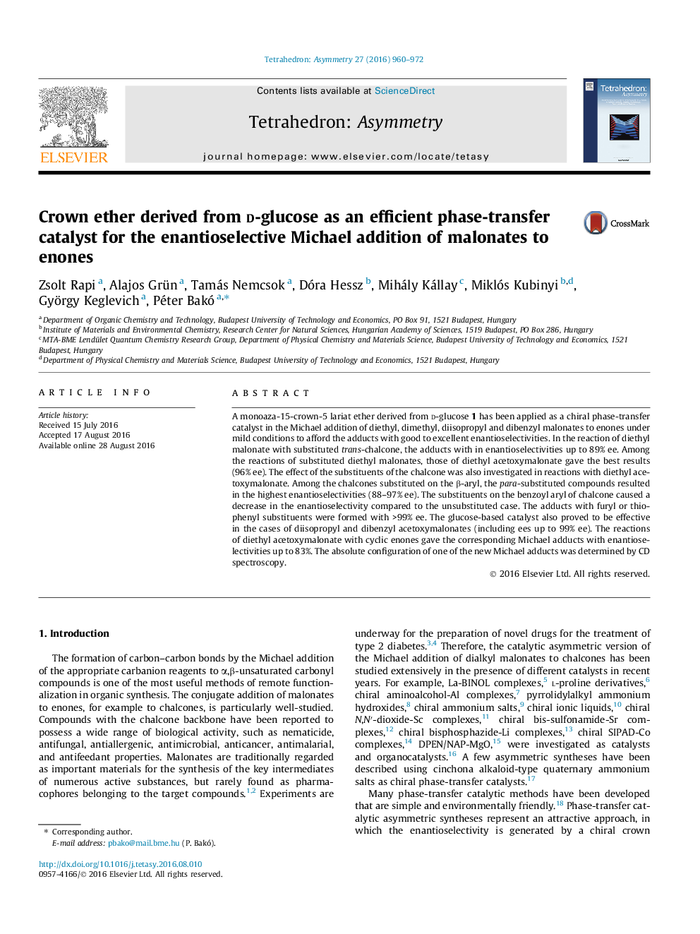 عکس صفحه اول مقاله: Crown ether derived from d-glucose as an efficient phase-transfer catalyst for the enantioselective Michael addition of malonates to enones Crown ether derived from d-glucose as an efficient phase-transfer catalyst for the enantioselective Michael addition of malonates to enones