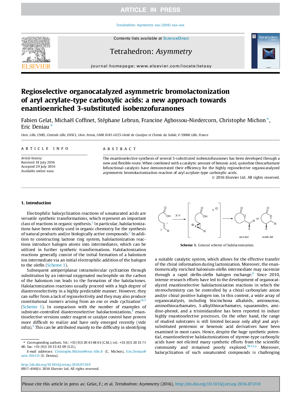 عکس صفحه اول مقاله: Regioselective organocatalyzed asymmetric bromolactonization of aryl acrylate-type carboxylic acids: a new approach towards enantioenriched 3-substituted isobenzofuranones Regioselective organocatalyzed asymmetric bromolactonization of aryl acrylate-type carboxylic acids: a new approach towards enantioenriched 3-substituted isobenzofuranones