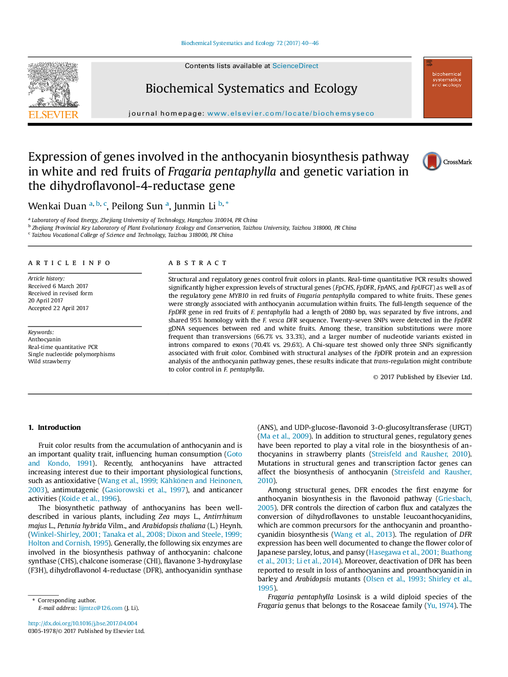 Expression of genes involved in the anthocyanin biosynthesis pathway in white and red fruits of Fragaria pentaphylla and genetic variation in the dihydroflavonol-4-reductase gene