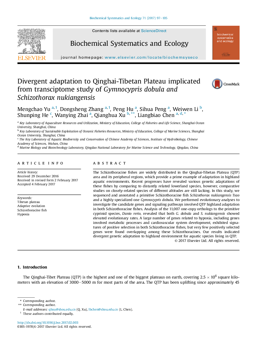 Divergent adaptation to Qinghai-Tibetan Plateau implicated from transciptome study of Gymnocypris dobula and Schizothorax nukiangensis