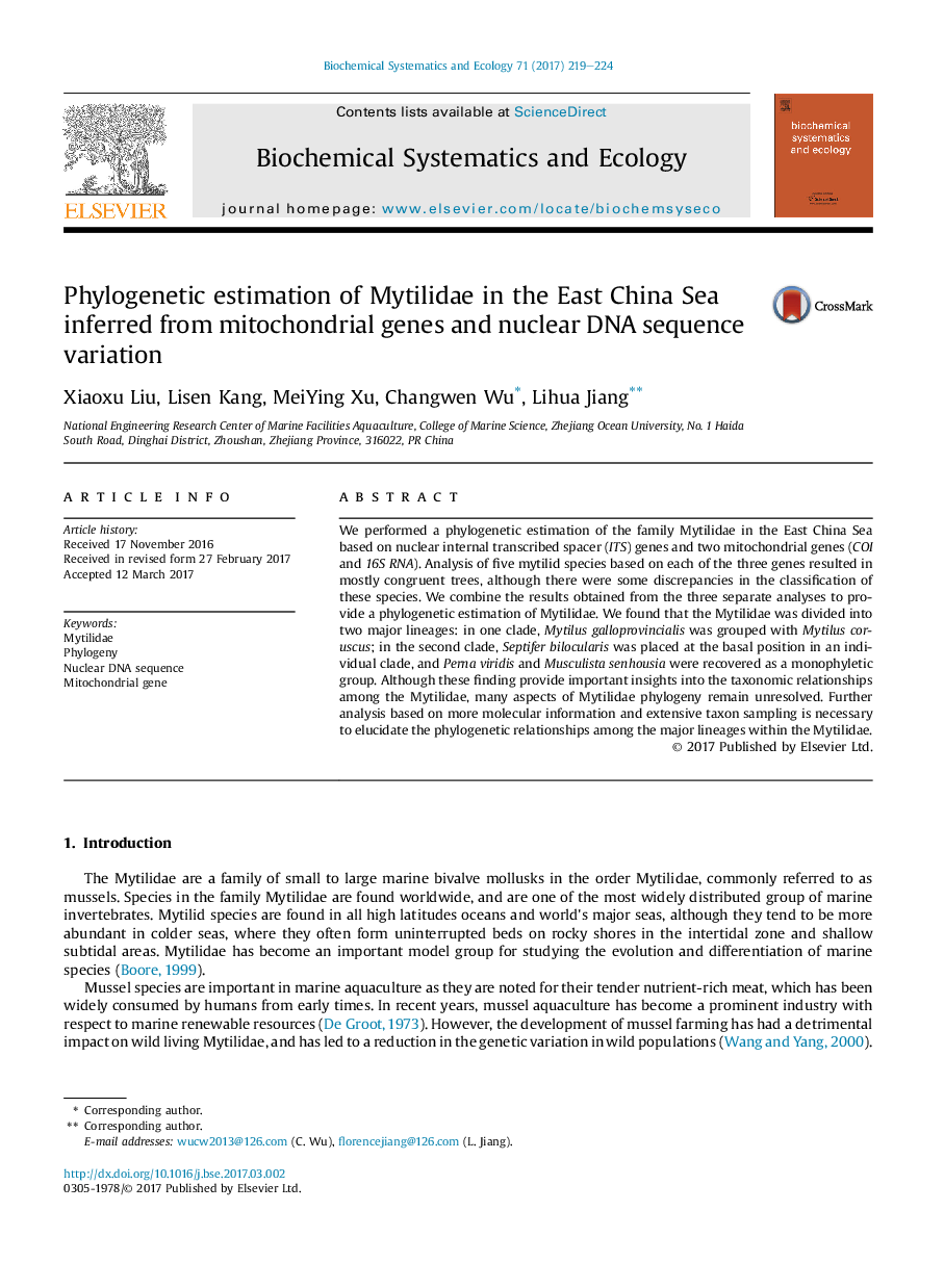 Phylogenetic estimation of Mytilidae in the East China Sea inferred from mitochondrial genes and nuclear DNA sequence variation