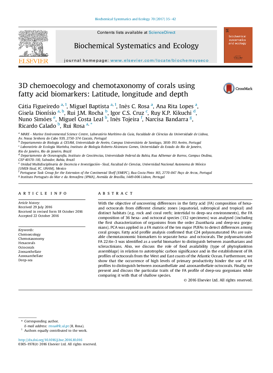 عکس صفحه اول مقاله: 3D chemoecology and chemotaxonomy of corals using fatty acid biomarkers: Latitude, longitude and depth 3D chemoecology and chemotaxonomy of corals using fatty acid biomarkers: Latitude, longitude and depth