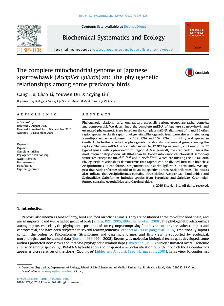 The complete mitochondrial genome of Japanese sparrowhawk (Accipiter gularis) and the phylogenetic relationships among some predatory birds