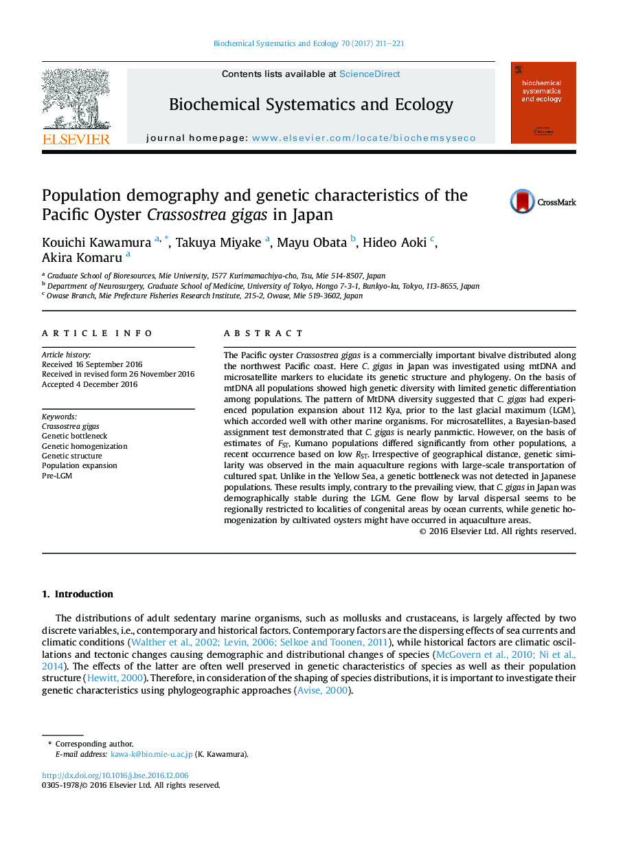 Population demography and genetic characteristics of the Pacific Oyster Crassostrea gigas in Japan