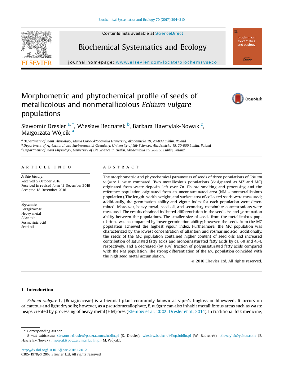 Morphometric and phytochemical profile of seeds of metallicolous and nonmetallicolous Echium vulgare populations