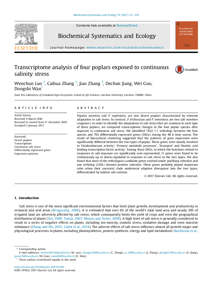 Transcriptome analysis of four poplars exposed to continuous salinity stress