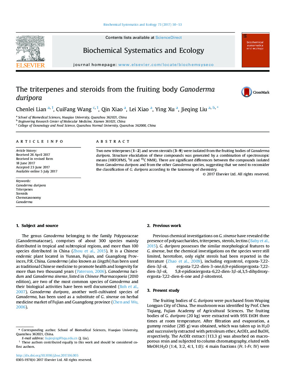 The triterpenes and steroids from the fruiting body Ganoderma duripora