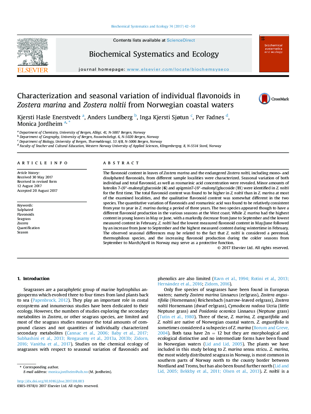 Characterization and seasonal variation of individual flavonoids in Zostera marina and Zostera noltii from Norwegian coastal waters