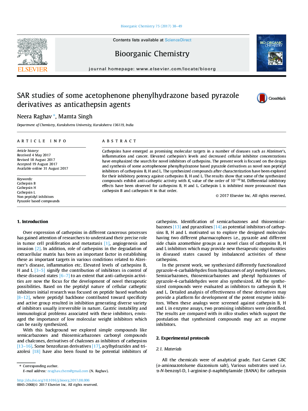 SAR studies of some acetophenone phenylhydrazone based pyrazole derivatives as anticathepsin agents