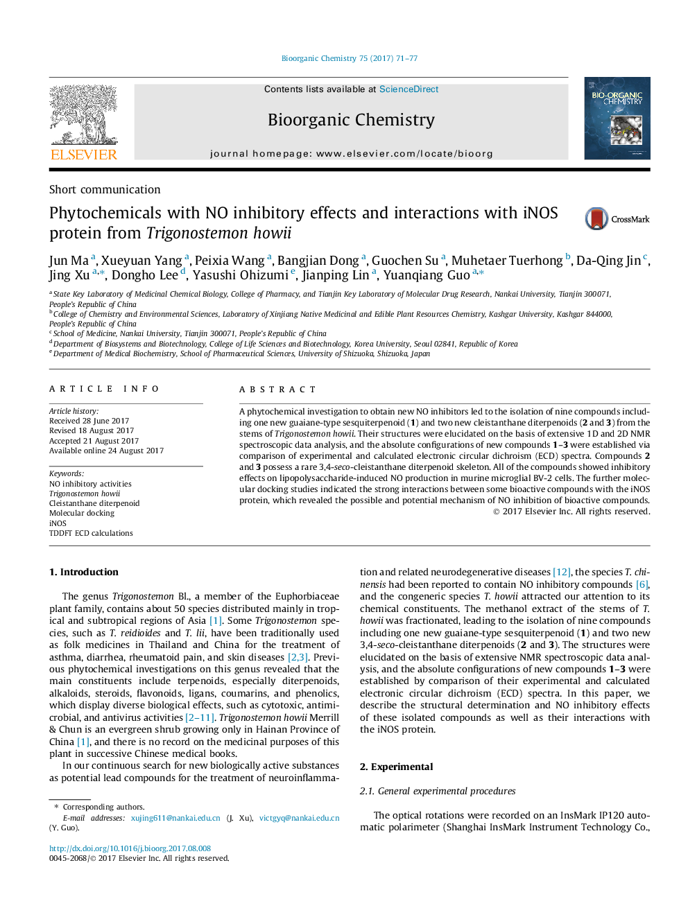 Phytochemicals with NO inhibitory effects and interactions with iNOS protein from Trigonostemon howii