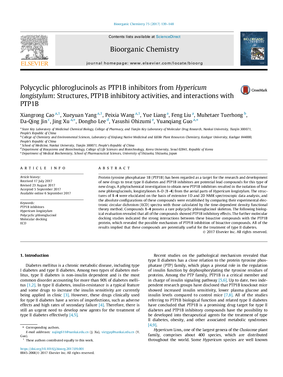 Polycyclic phloroglucinols as PTP1B inhibitors from Hypericum longistylum: Structures, PTP1B inhibitory activities, and interactions with PTP1B