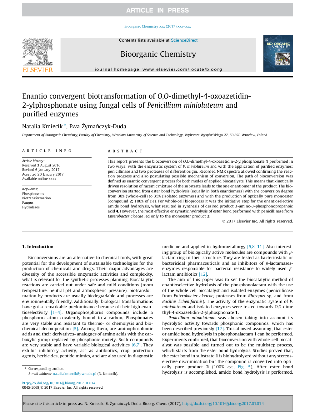 Enantio convergent biotransformation of O,O-dimethyl-4-oxoazetidin-2-ylphosphonate using fungal cells of Penicillium minioluteum and purified enzymes