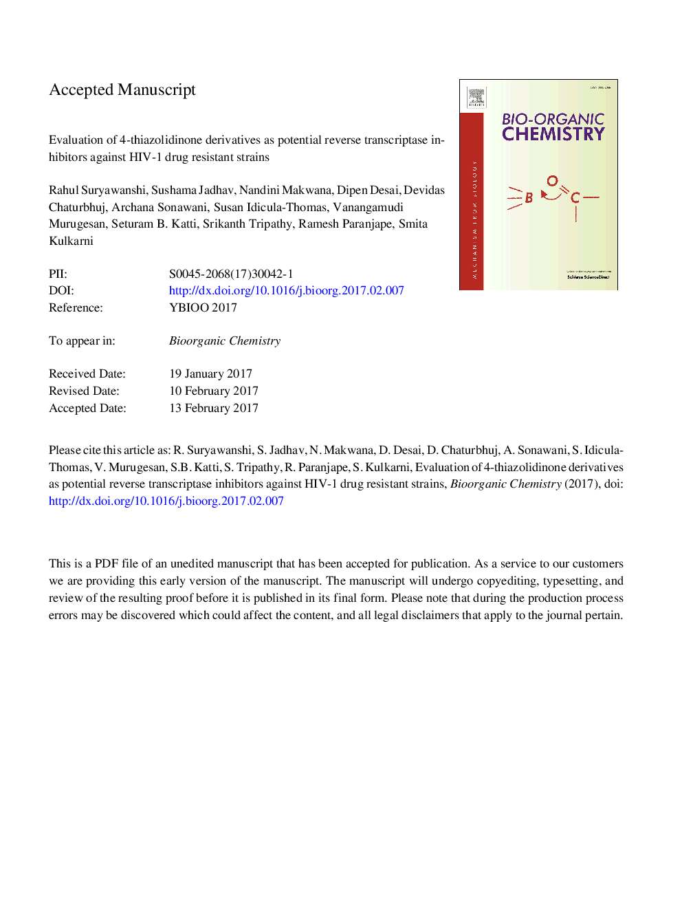 Evaluation of 4-thiazolidinone derivatives as potential reverse transcriptase inhibitors against HIV-1 drug resistant strains