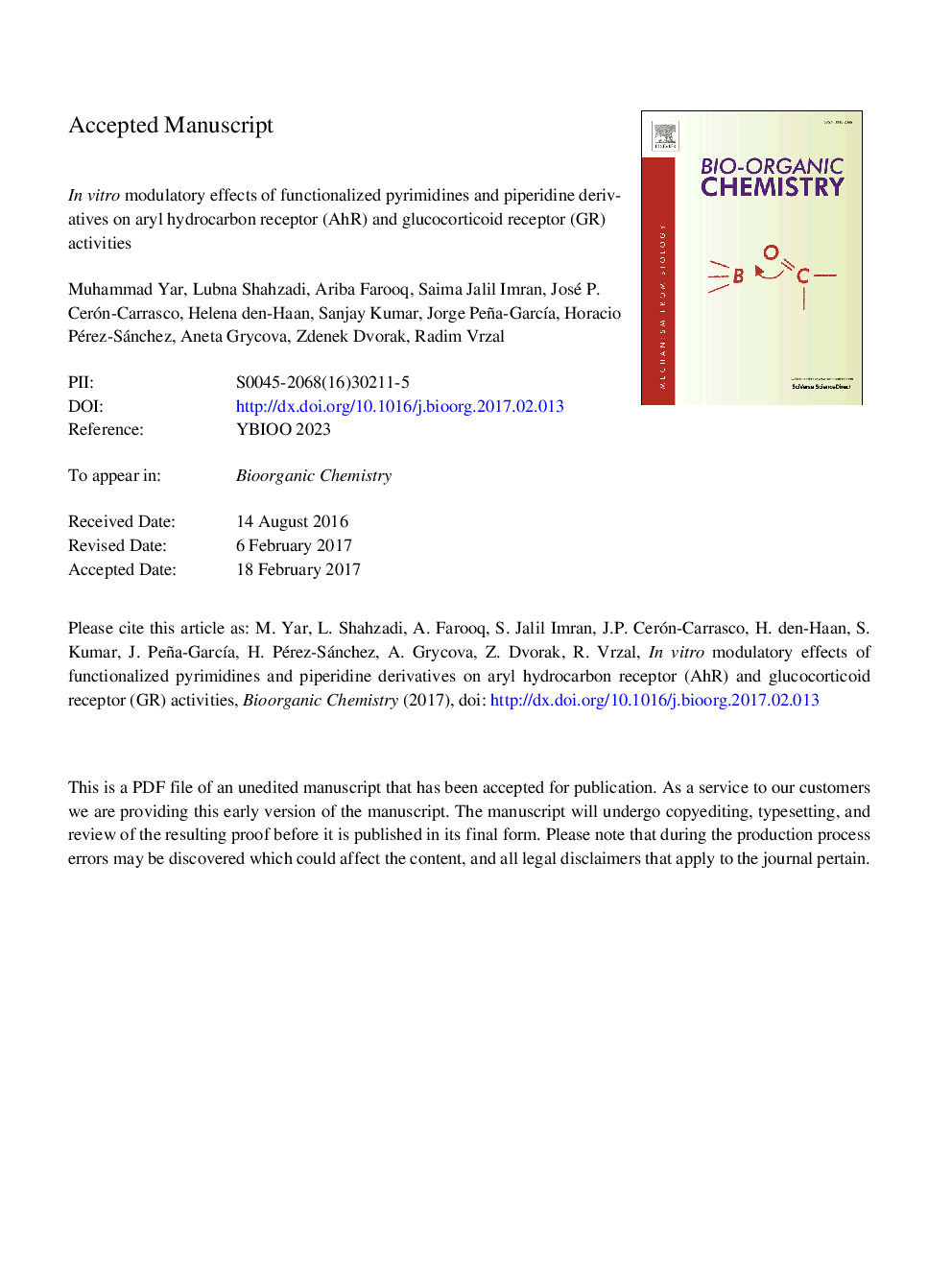 In vitro modulatory effects of functionalized pyrimidines and piperidine derivatives on Aryl hydrocarbon receptor (AhR) and glucocorticoid receptor (GR) activities