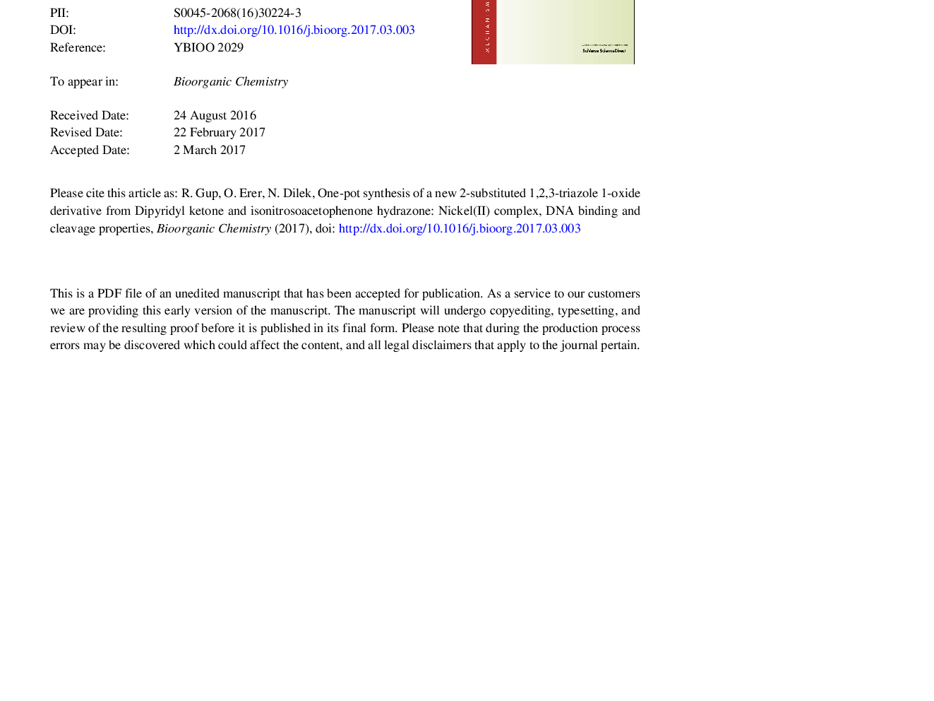 One-pot synthesis of a new 2-substituted 1,2,3-triazole 1-oxide derivative from dipyridyl ketone and isonitrosoacetophenone hydrazone: Nickel(II) complex, DNA binding and cleavage properties