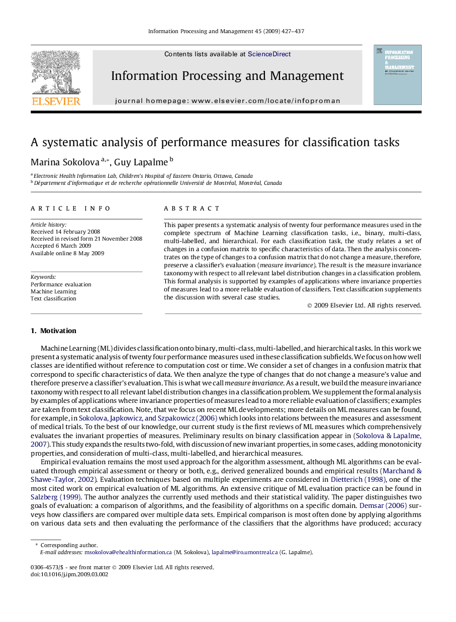 A systematic analysis of performance measures for classification tasks