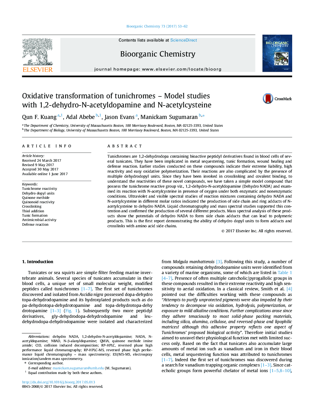 Oxidative transformation of tunichromes - Model studies with 1,2-dehydro-N-acetyldopamine and N-acetylcysteine