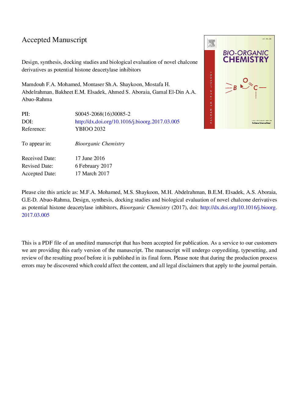 Design, synthesis, docking studies and biological evaluation of novel chalcone derivatives as potential histone deacetylase inhibitors