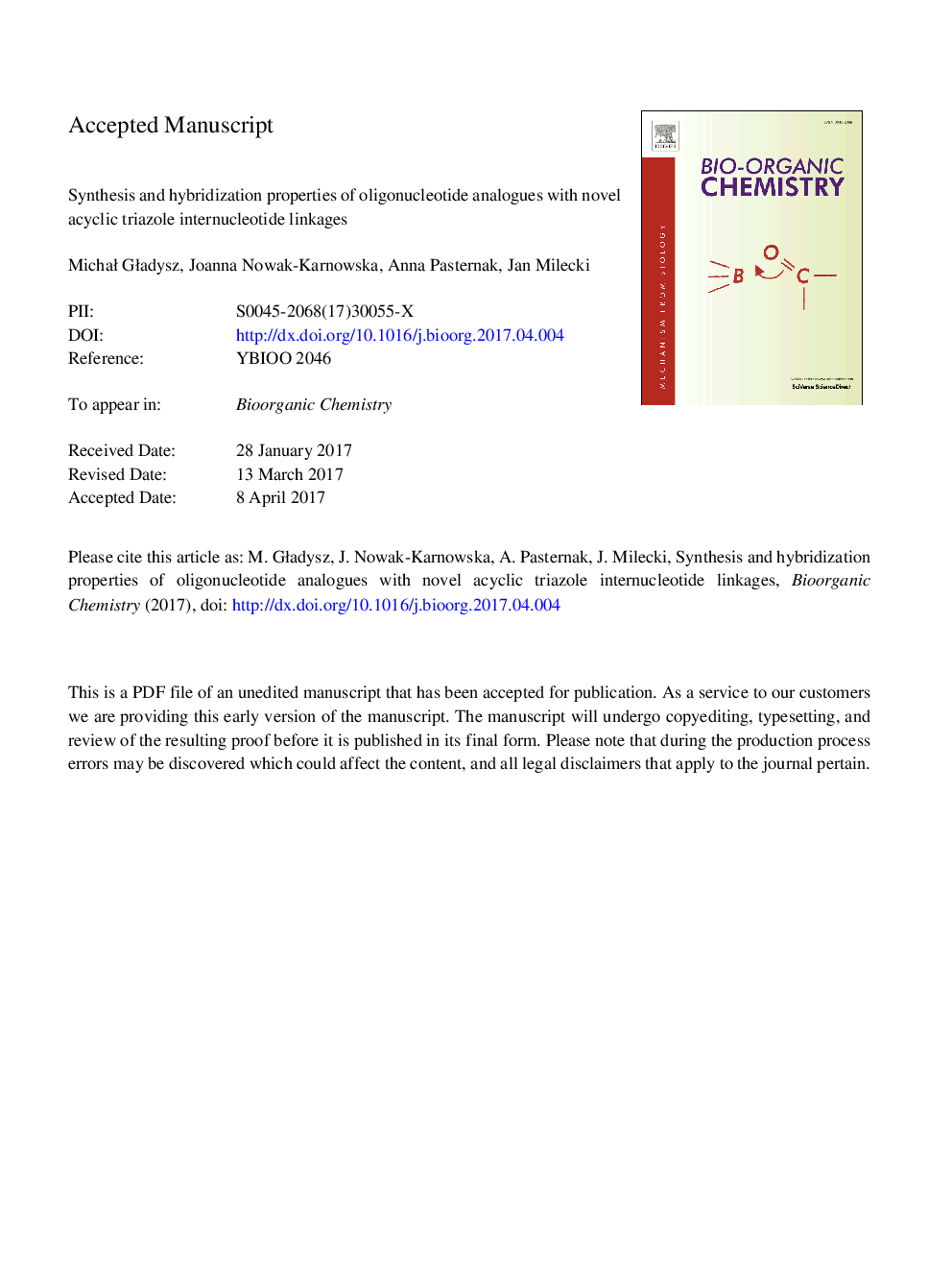 Synthesis and hybridization properties of oligonucleotide analogues with novel acyclic triazole internucleotide linkages