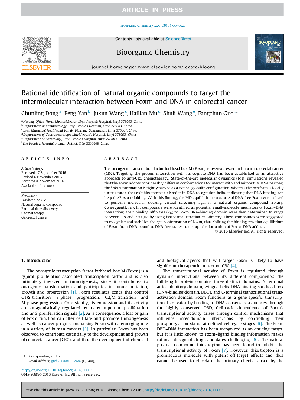 Rational identification of natural organic compounds to target the intermolecular interaction between Foxm and DNA in colorectal cancer