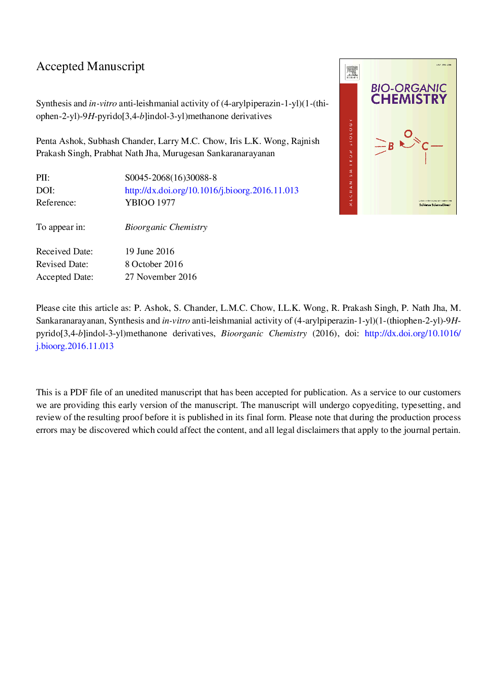 Synthesis and in-vitro anti-leishmanial activity of (4-arylpiperazin-1-yl)(1-(thiophen-2-yl)-9H-pyrido[3,4-b]indol-3-yl)methanone derivatives