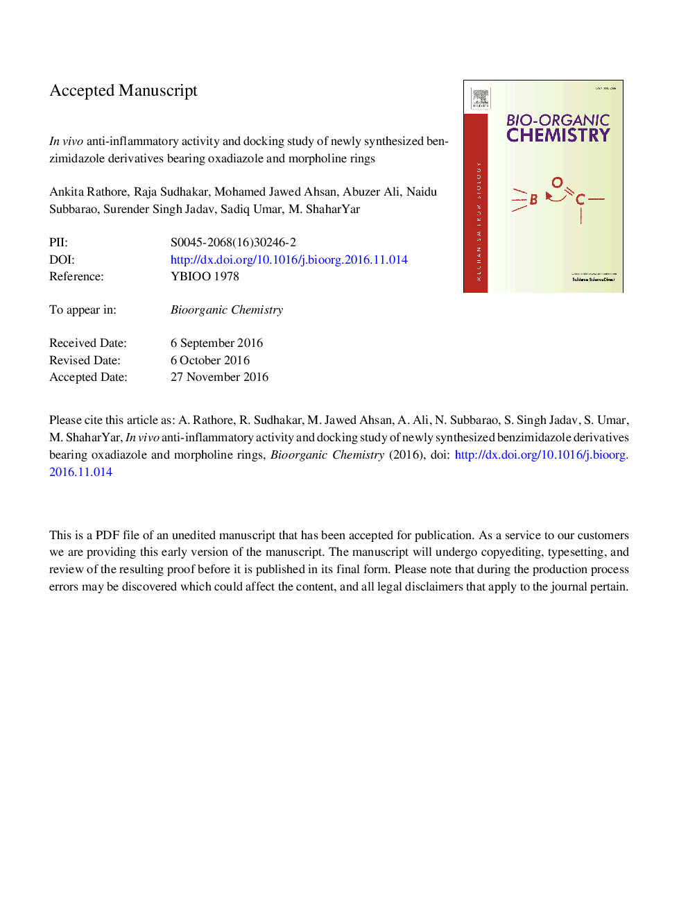 In vivo anti-inflammatory activity and docking study of newly synthesized benzimidazole derivatives bearing oxadiazole and morpholine rings