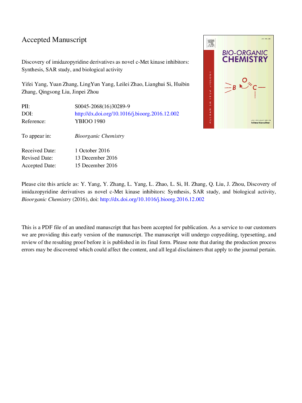Discovery of imidazopyridine derivatives as novel c-Met kinase inhibitors: Synthesis, SAR study, and biological activity