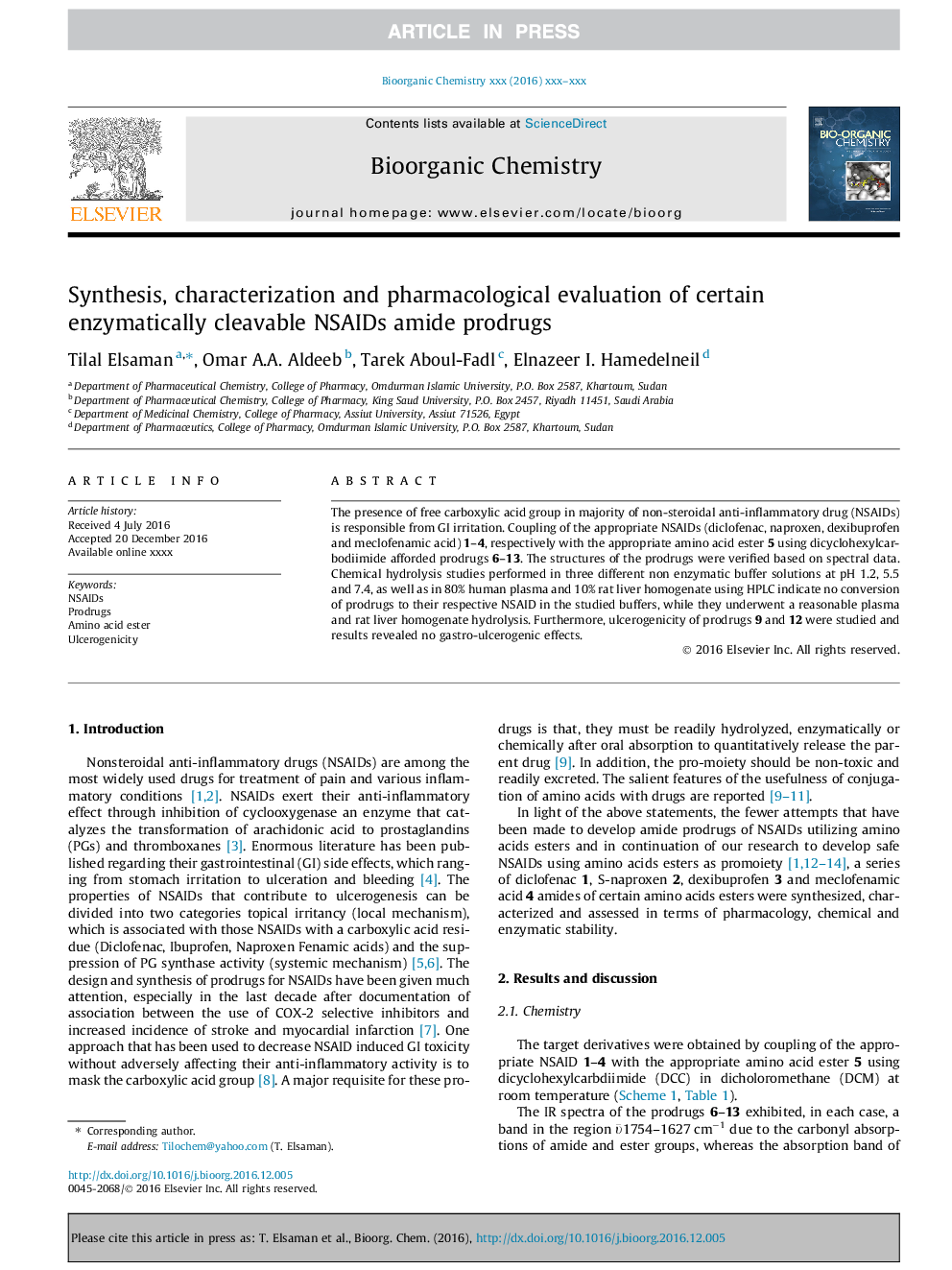 Synthesis, characterization and pharmacological evaluation of certain enzymatically cleavable NSAIDs amide prodrugs