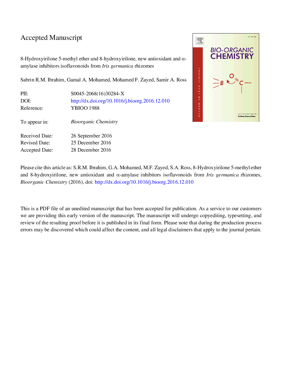 8-Hydroxyirilone 5-methyl ether and 8-hydroxyirilone, new antioxidant and Î±-amylase inhibitors isoflavonoids from Iris germanica rhizomes