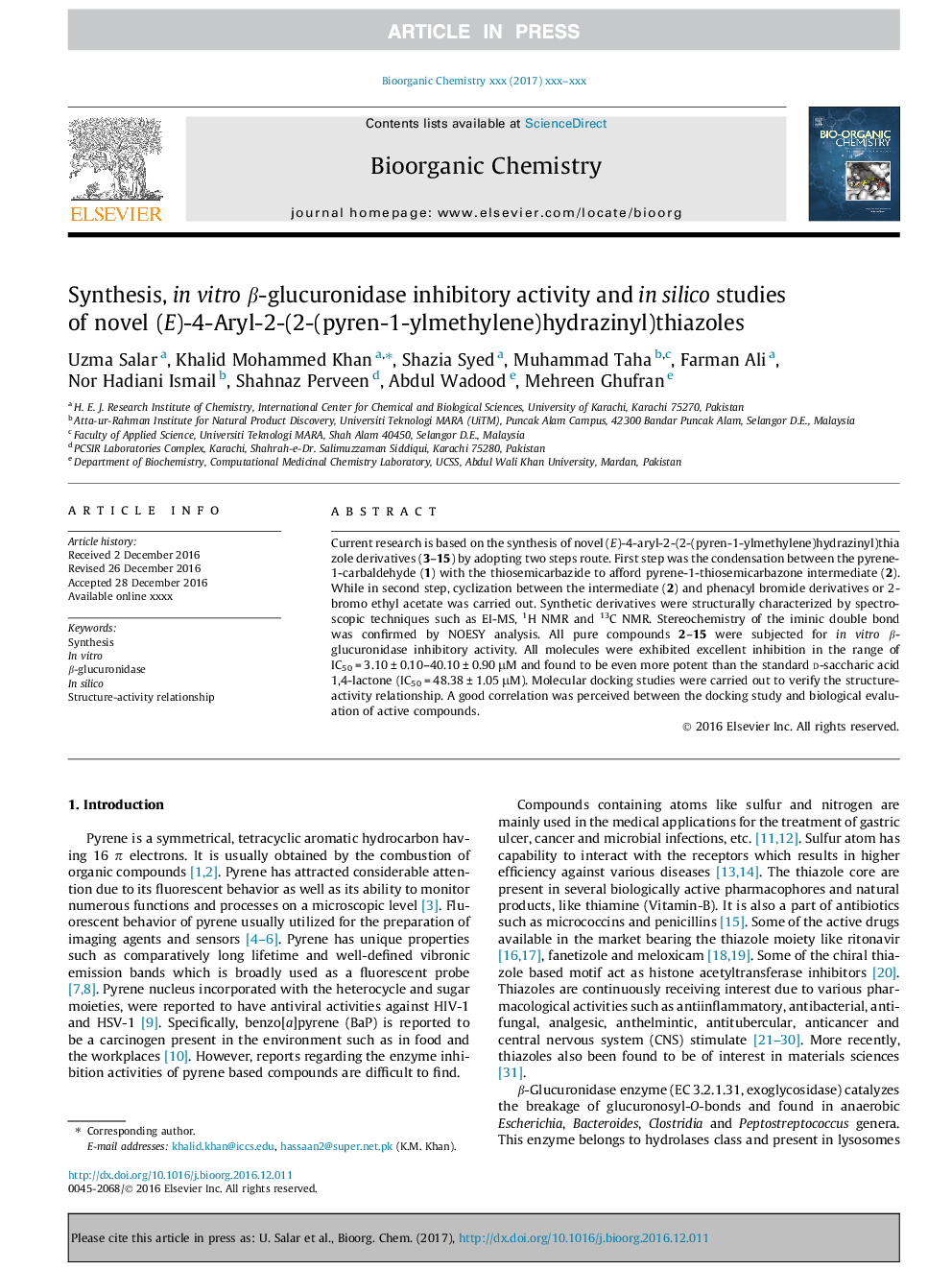 Synthesis, in vitro Î²-glucuronidase inhibitory activity and in silico studies of novel (E)-4-Aryl-2-(2-(pyren-1-ylmethylene)hydrazinyl)thiazoles