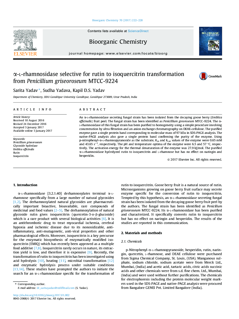 Î±-l-rhamnosidase selective for rutin to isoquercitrin transformation from Penicillium griseoroseum MTCC-9224